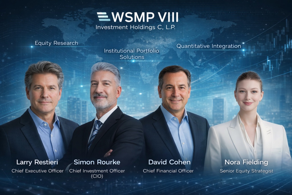 Leadership banner of WSMP VIII Investment Holdings C, L.P. featuring Larry Restieri (Chief Executive Officer), Simon Rourke (Chief Investment Officer), David Cohen (Chief Financial Officer), and Nora Fielding (Senior Equity Strategist) against a blue global financial background with keywords including Equity Research, Institutional Portfolio Solutions, and Quantitative Integration.